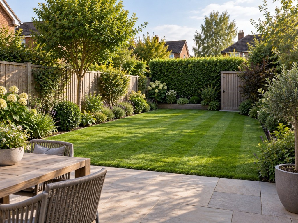 Neatly trimmed hedge framing a manicured lawn and patio