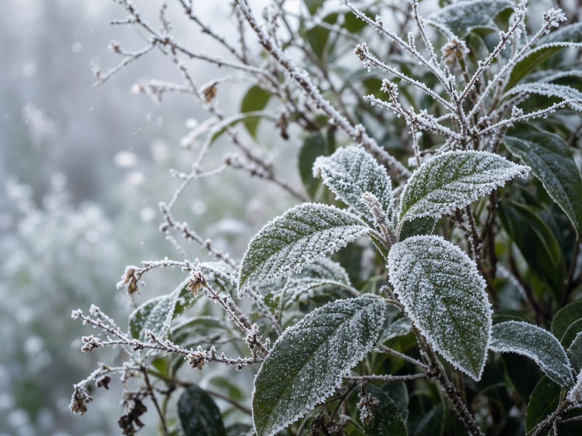 Winter frost on evergreen leaves