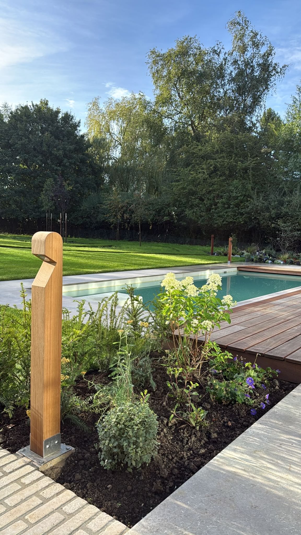 Timber bollard light and planting beside the pool