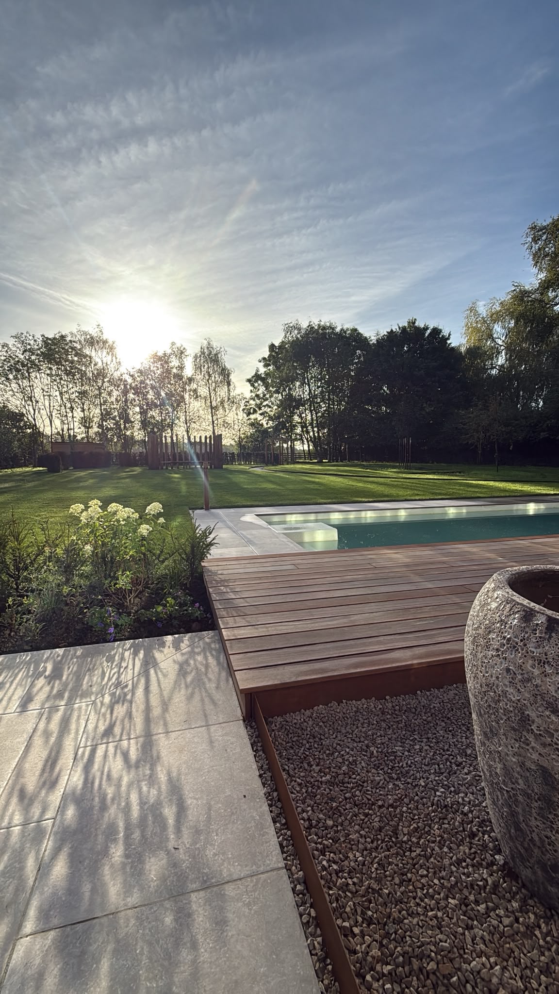 Pool and decking at golden hour on Swithland Lane