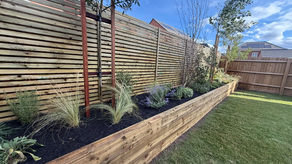 Lavender and ornamental grasses in the raised timber planter against the slatted fence